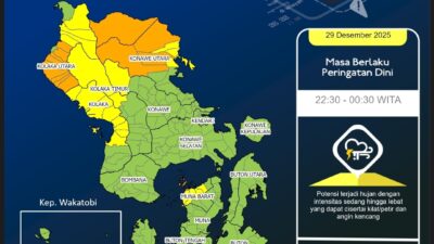Update BMKG Sultra: Hujan Lebat Disertai Petir Berpotensi Landa Sejumlah Wilayah Hingga Dini Hari