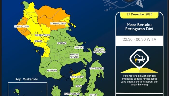 Update BMKG Sultra: Hujan Lebat Disertai Petir Berpotensi Landa Sejumlah Wilayah Hingga Dini Hari